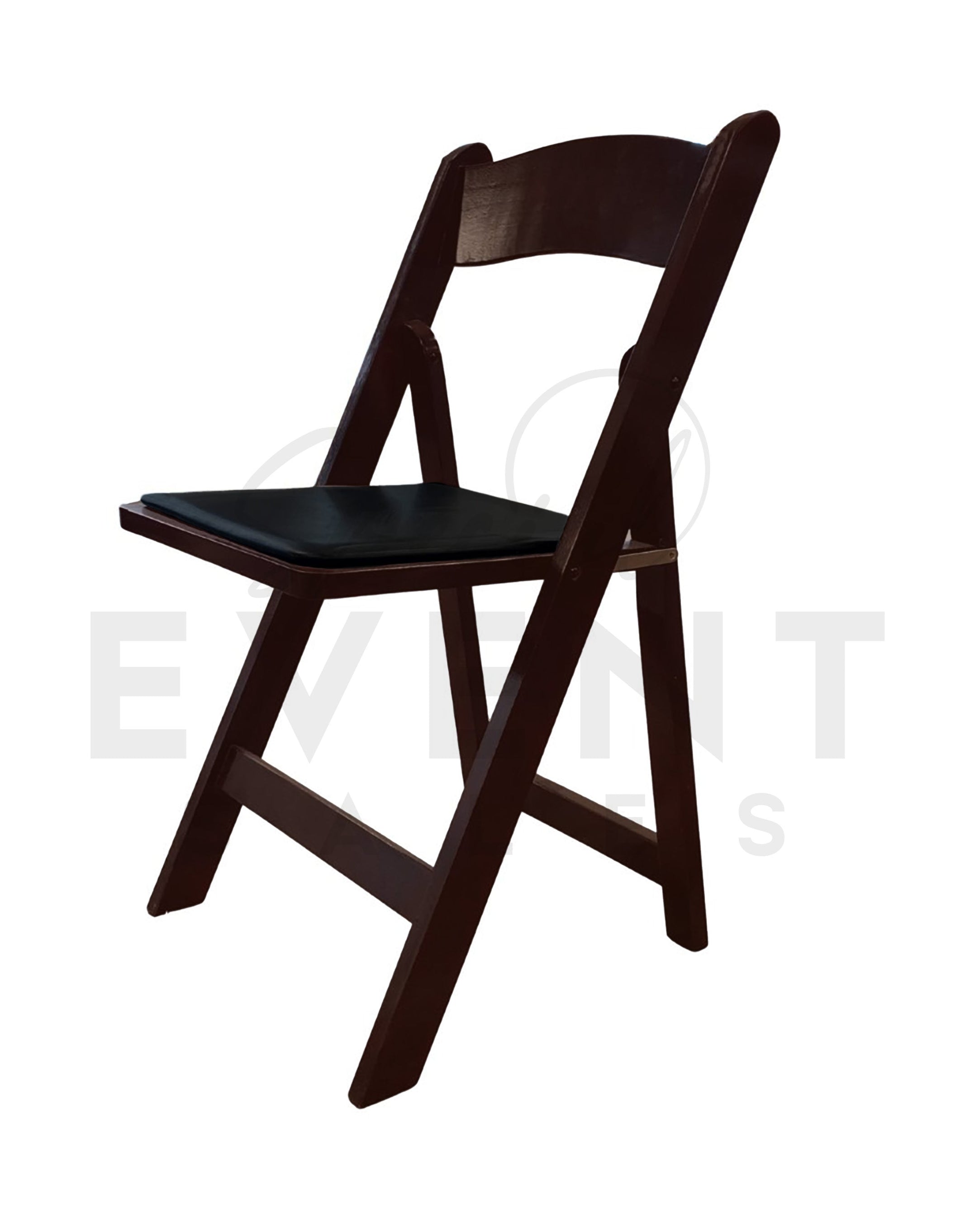 Dark red wood foling chair in a mahogany colour with a black leather seat bottom. Ideal for event venues and rental companies. 