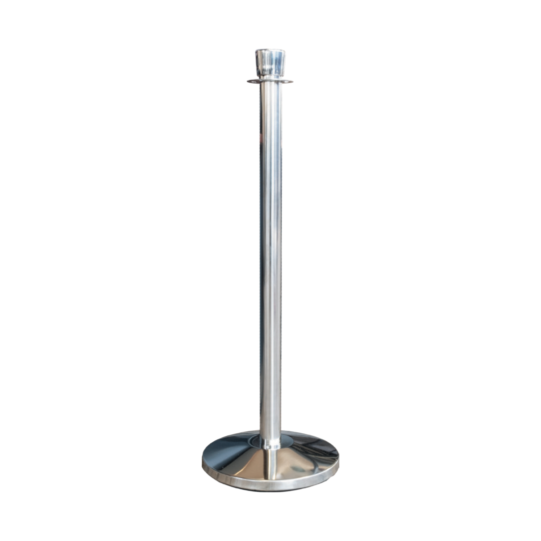 Traditional silver metal stanchion for special events on a white background.