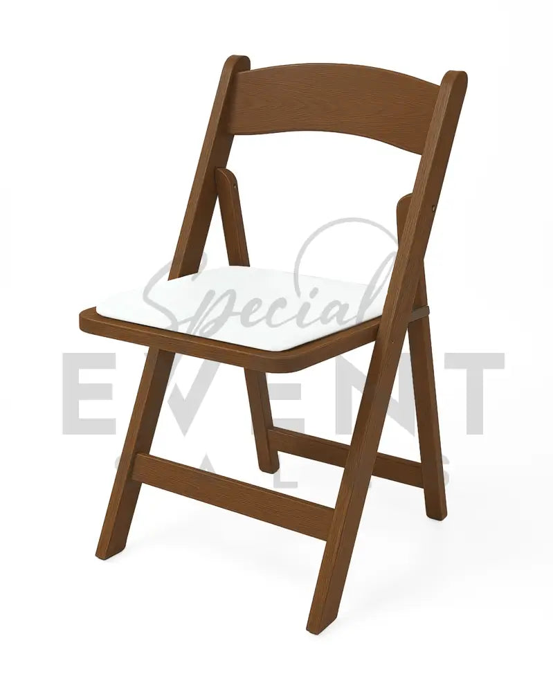 Special events seating in a walnut brown resin folding chair. 
