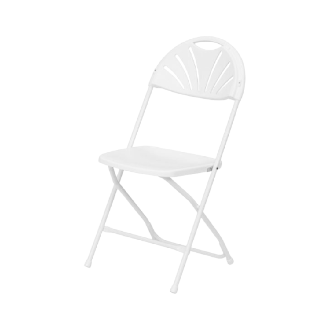 White fan back folding chair for indoor or outdoor use.