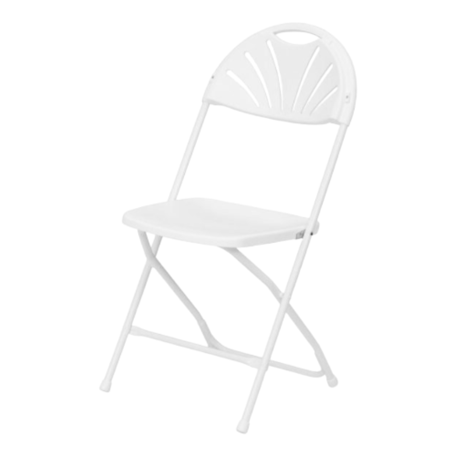 White fan back folding chair for indoor or outdoor use.