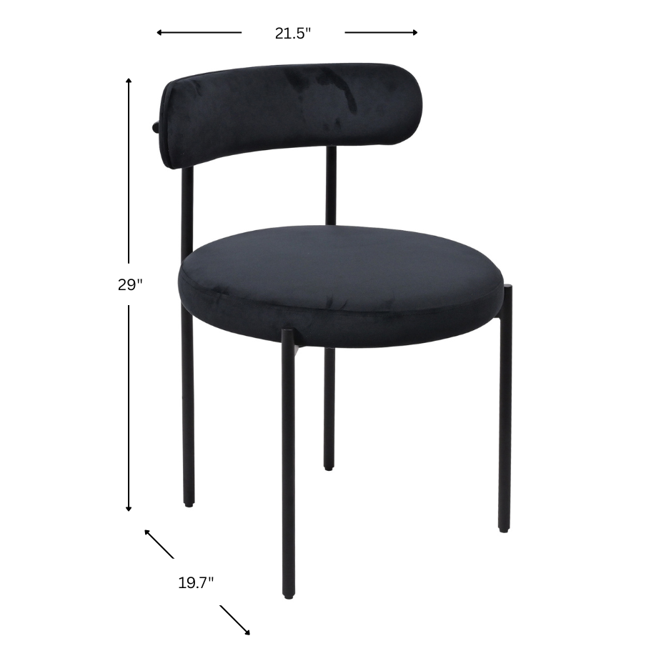 Black velvet chair with dimensions labeled on a white background