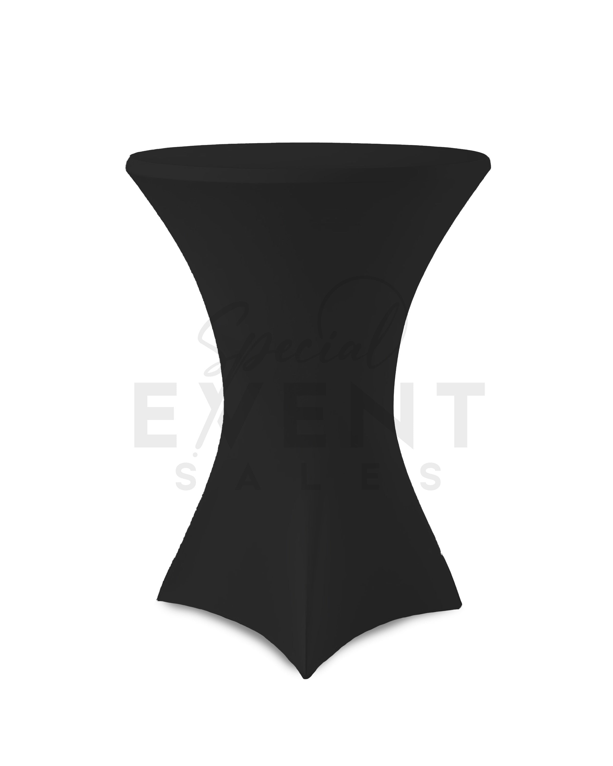 Black stretch spandex cover for a cocktail bar table.