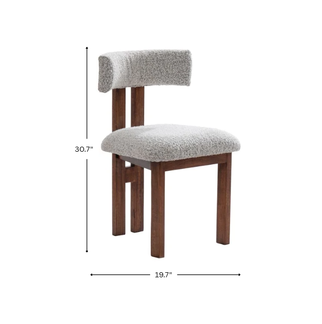 Dining chair with gray boucle cushioned seat and backrest, dimensions indicated on a white background
