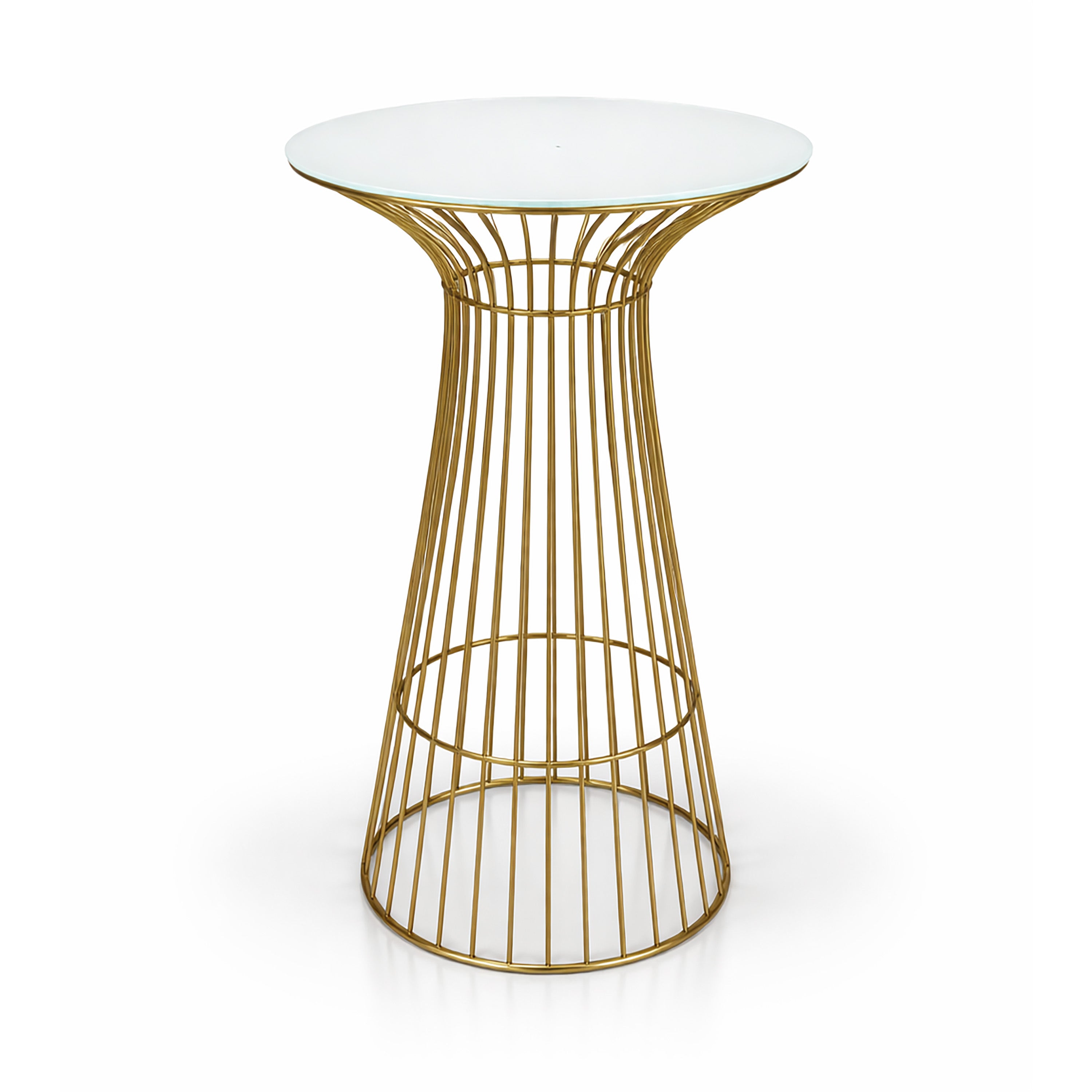 Gold wireframe side table with a white round top on a white background