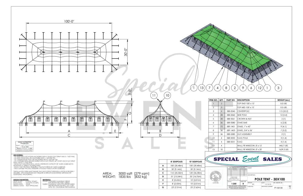Pole Tent 30’ x 100’ White Tents - Pole