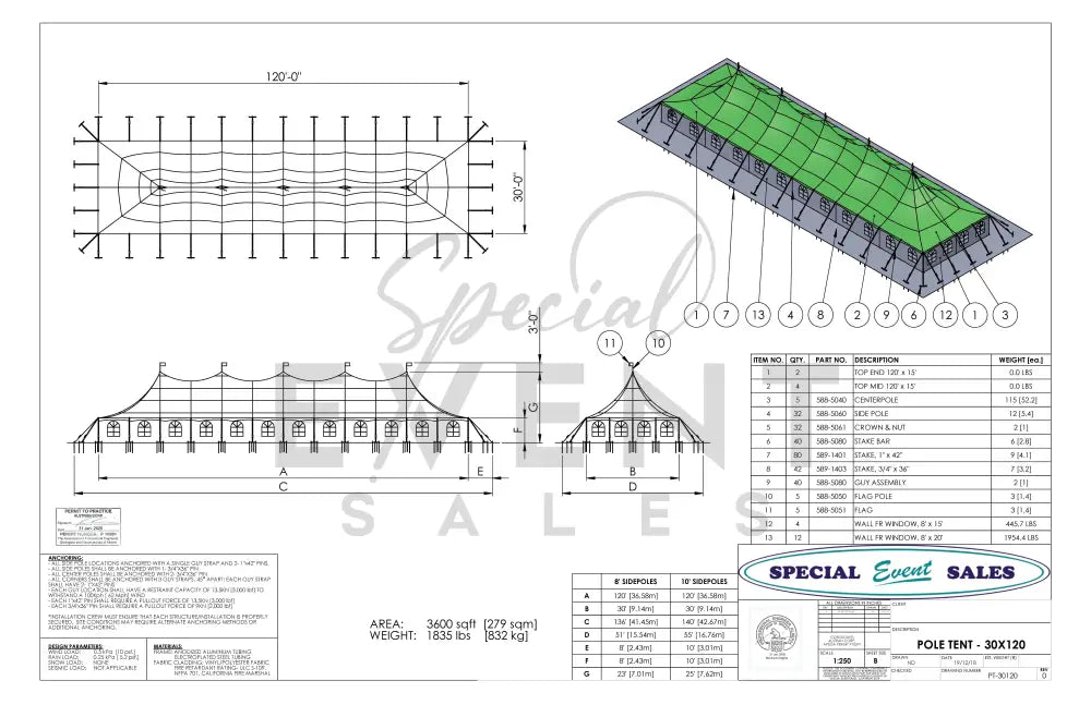 Pole Tent 30’ x 120’ White Tents - Pole