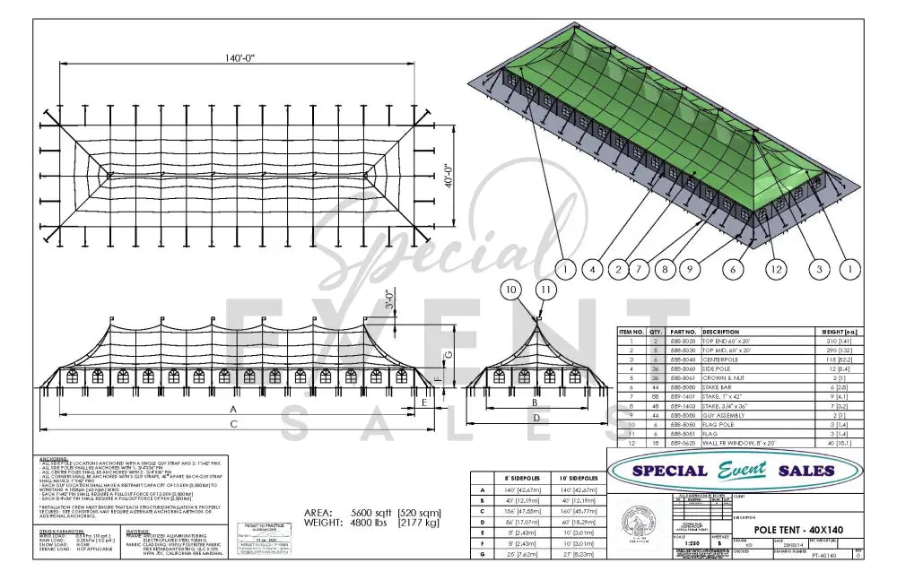 Pole Tent 40’ x 140’ White Tents - Pole