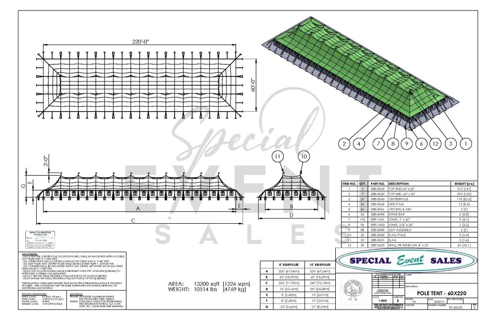 Pole Tent 60’ x 220’ White Tents - Pole