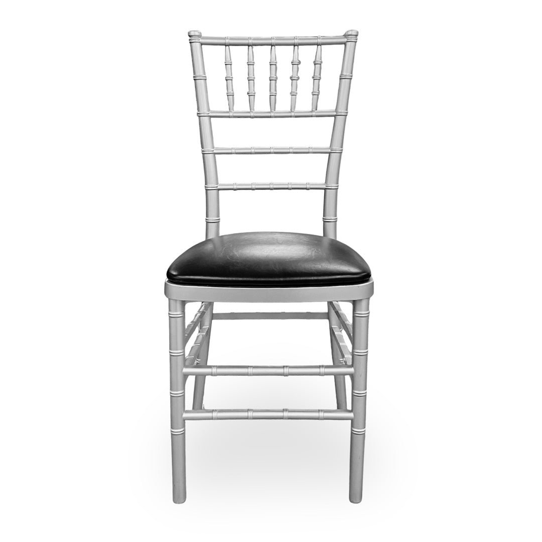 Silver event chair with a black cushion on a white background