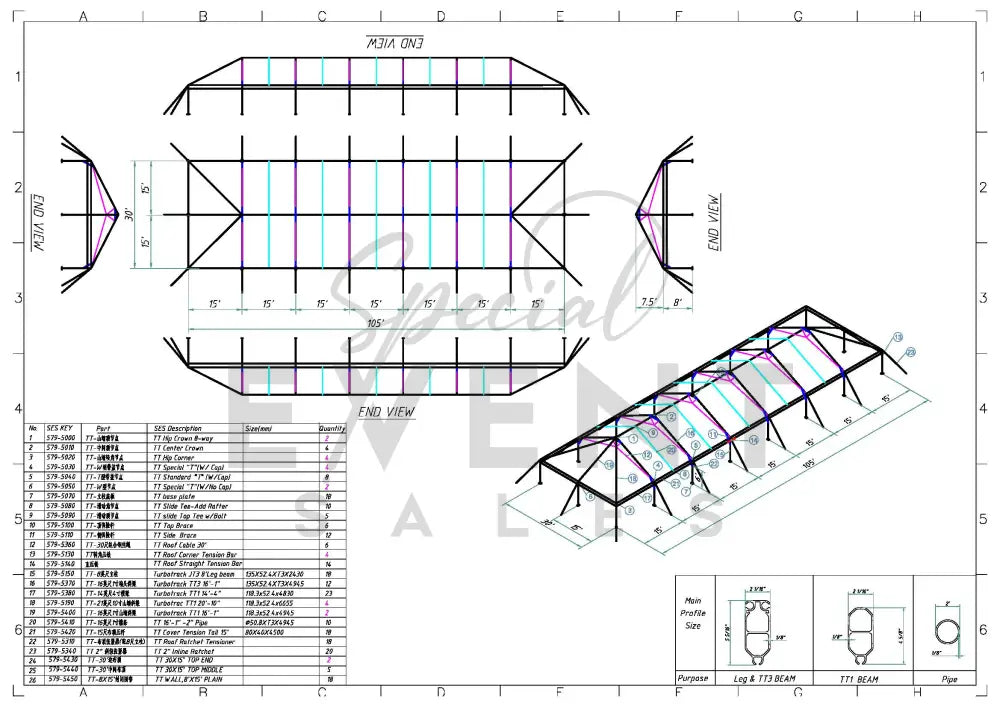 Turbotrack Tent 30’ x 105’ French Window Walls Tents - Turbotrack Frame