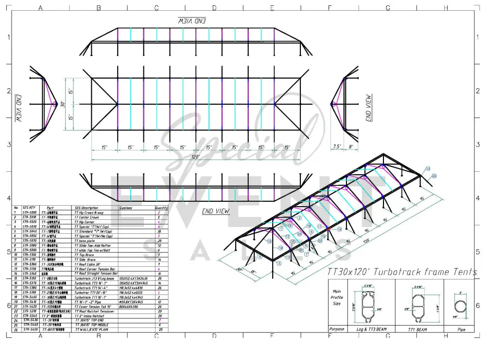 Turbotrack Tent 30’ x 120’ French Window Walls Tents - Turbotrack Frame