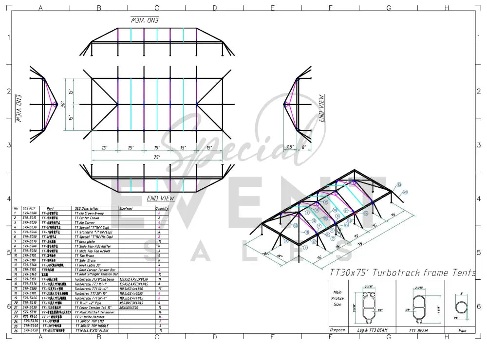 Turbotrack Tent 30’ x 75’ French Window Walls Tents - Turbotrack Frame
