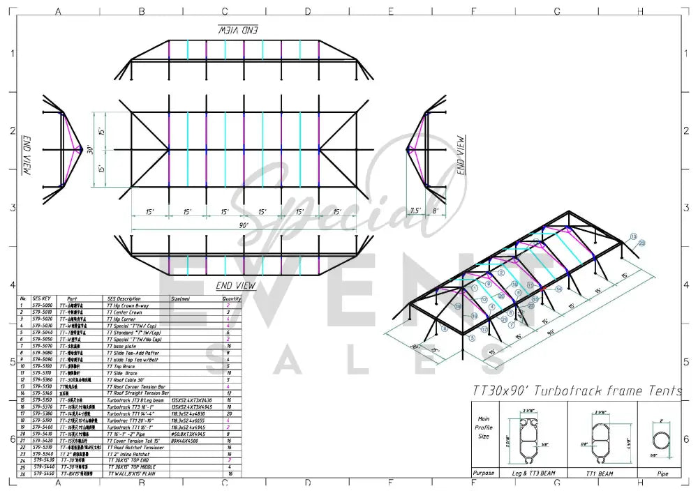 Turbotrack Tent 30’ x 90’ French Window Walls Tents - Turbotrack Frame