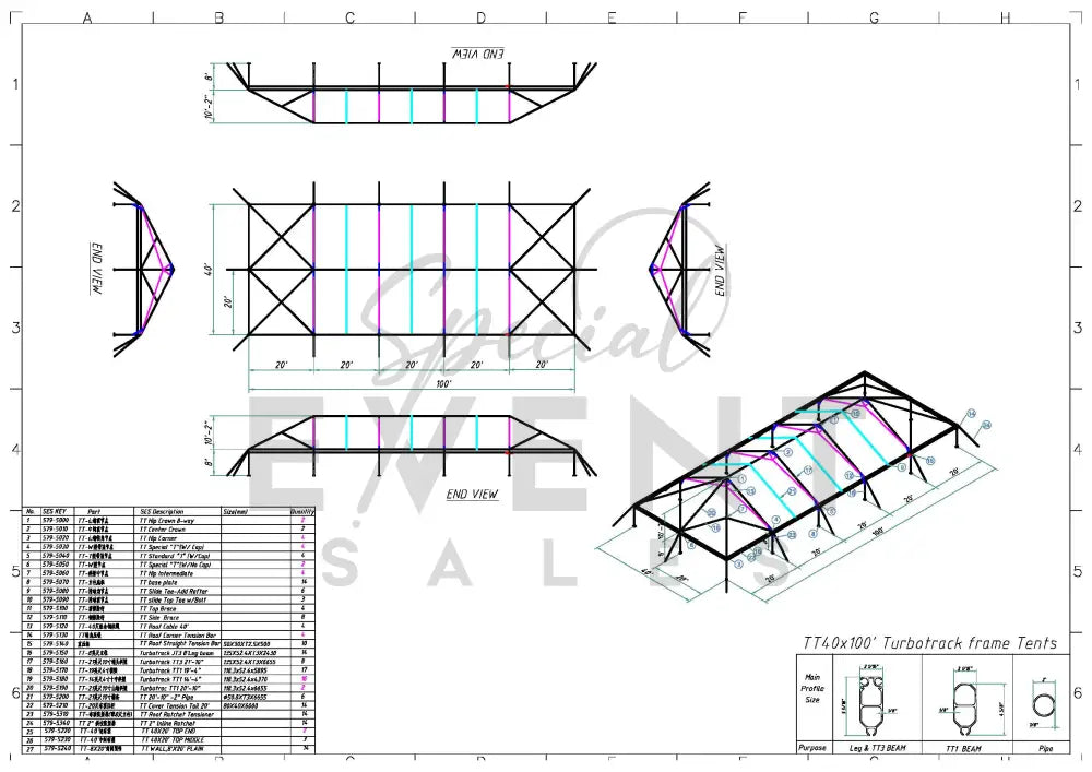 Turbotrack Tent 40’ x 100’ French Window Walls Tents - Turbotrack Frame