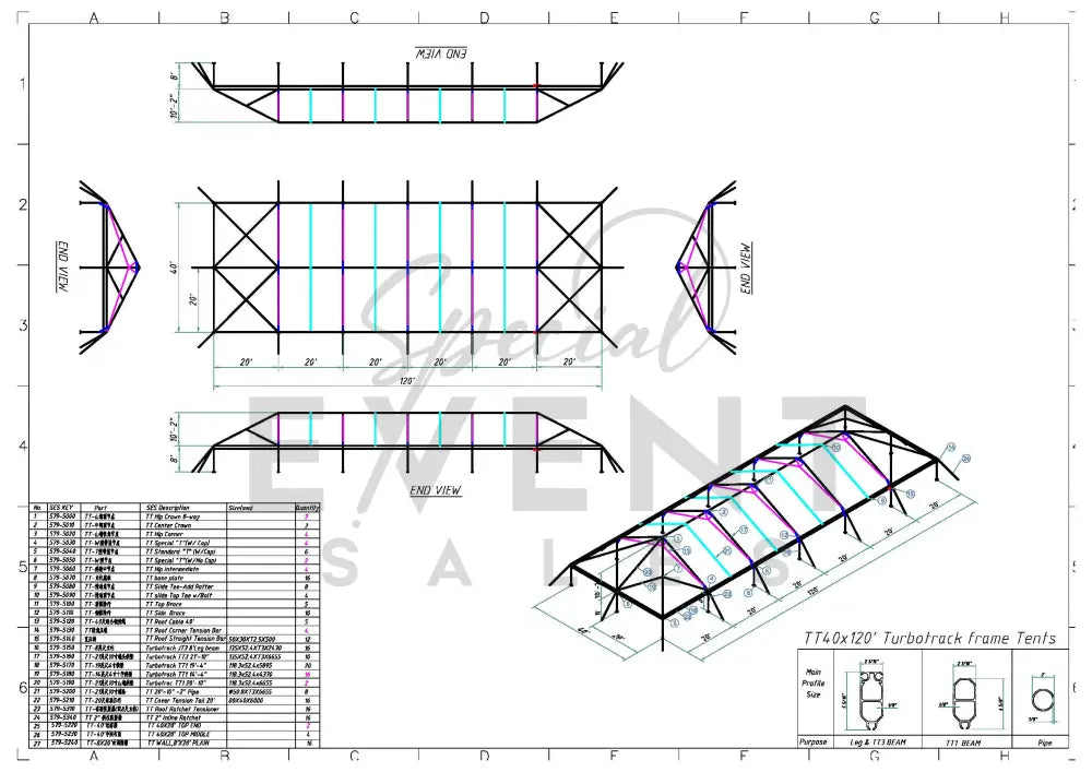 Turbotrack Tent 40’ x 120’ French Window Walls Tents - Turbotrack Frame