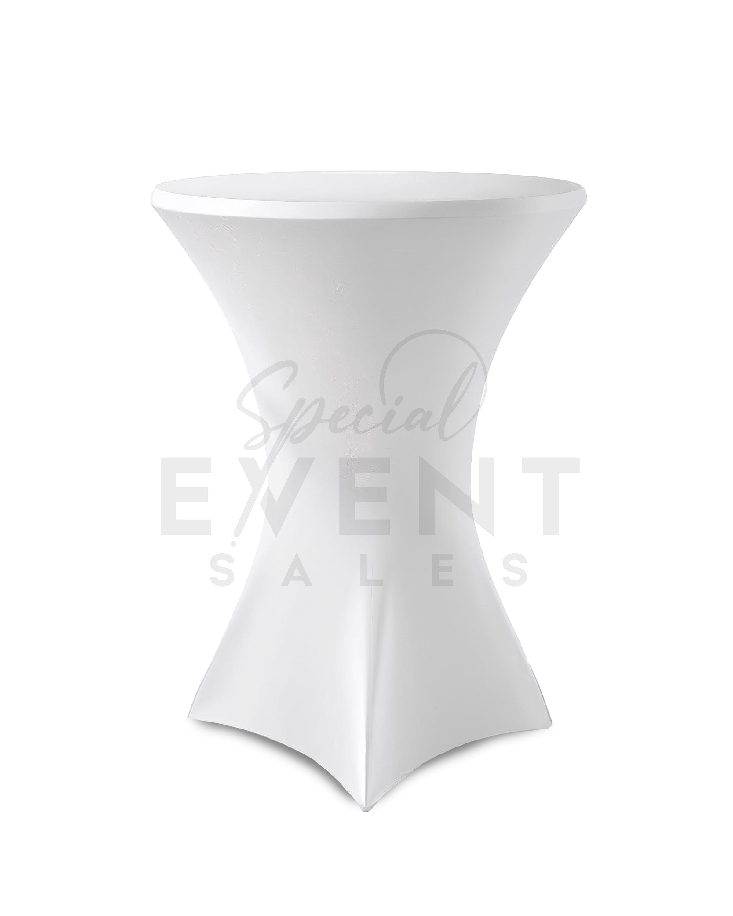White stretch spandex tablecloth cover for a cocktail bar table. 