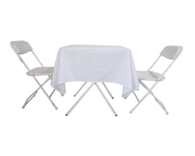 Table 27" Sq, 2 Folding Chairs & 54" Sq Tablecloth Kit White - Special Event Sales